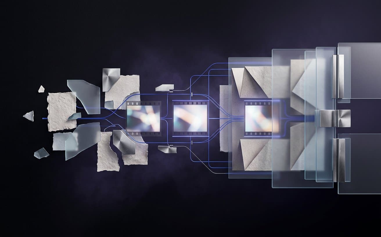 Rough paper, film, glass, and metal fragments becoming an ordered connected visual system