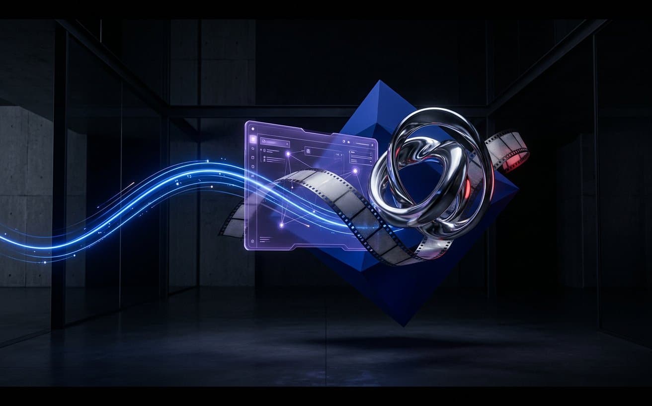 Film, interface, graphic, and dimensional forms converging inside a dark creative space