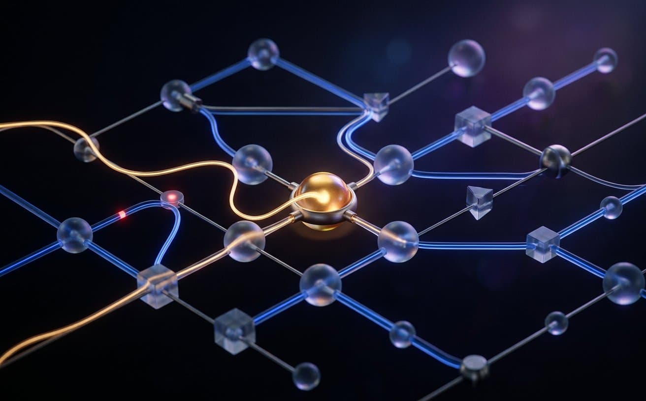 A warm organic light thread passing through a calm network of cobalt glass workflow nodes