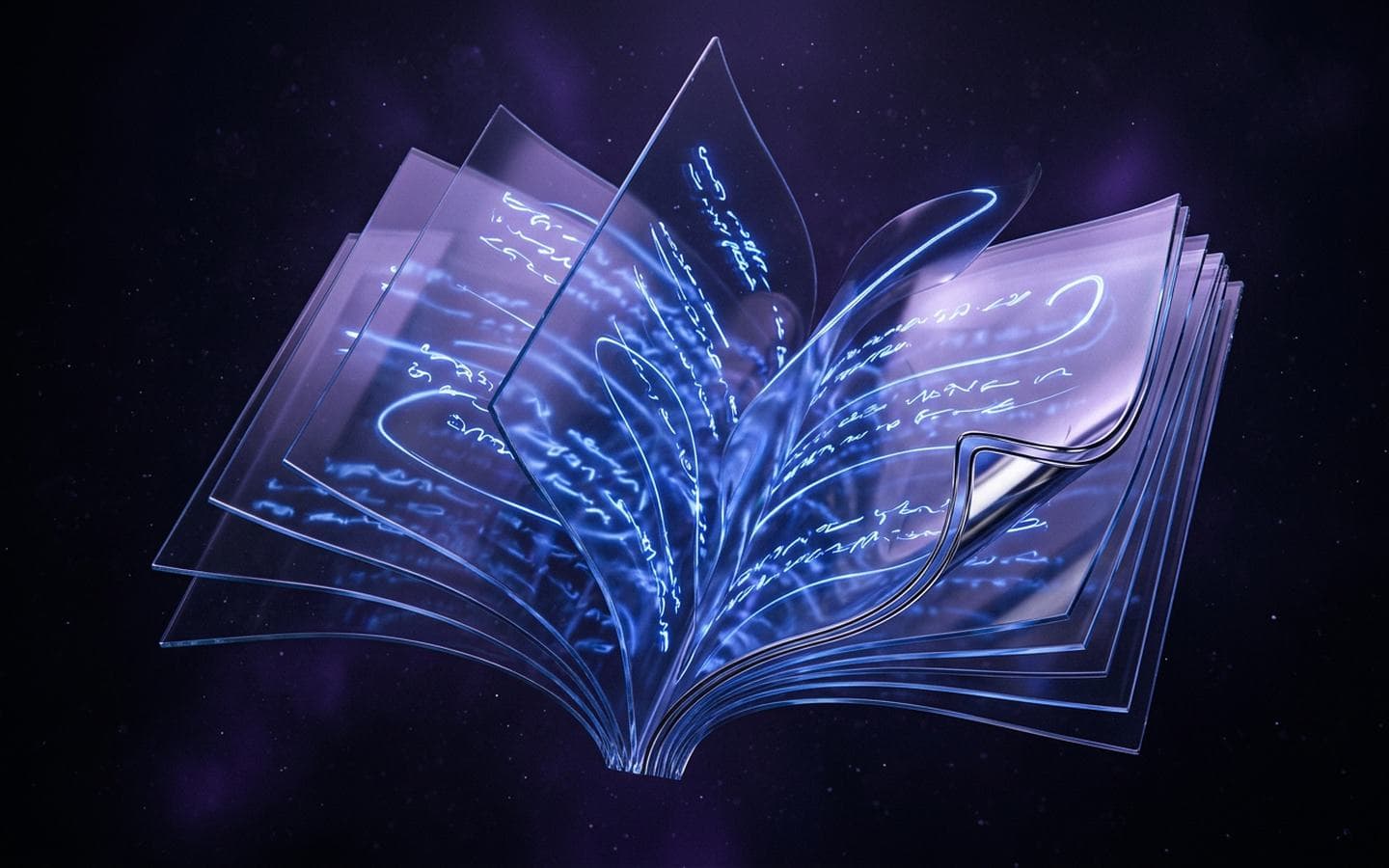 Translucent glass pages suspended in a dark space with cobalt streaks of light flowing across them