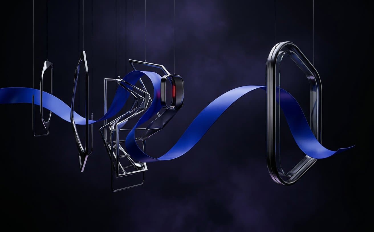 A cobalt ribbon moving through suspended chrome frames with alternating tension, space, and rhythm