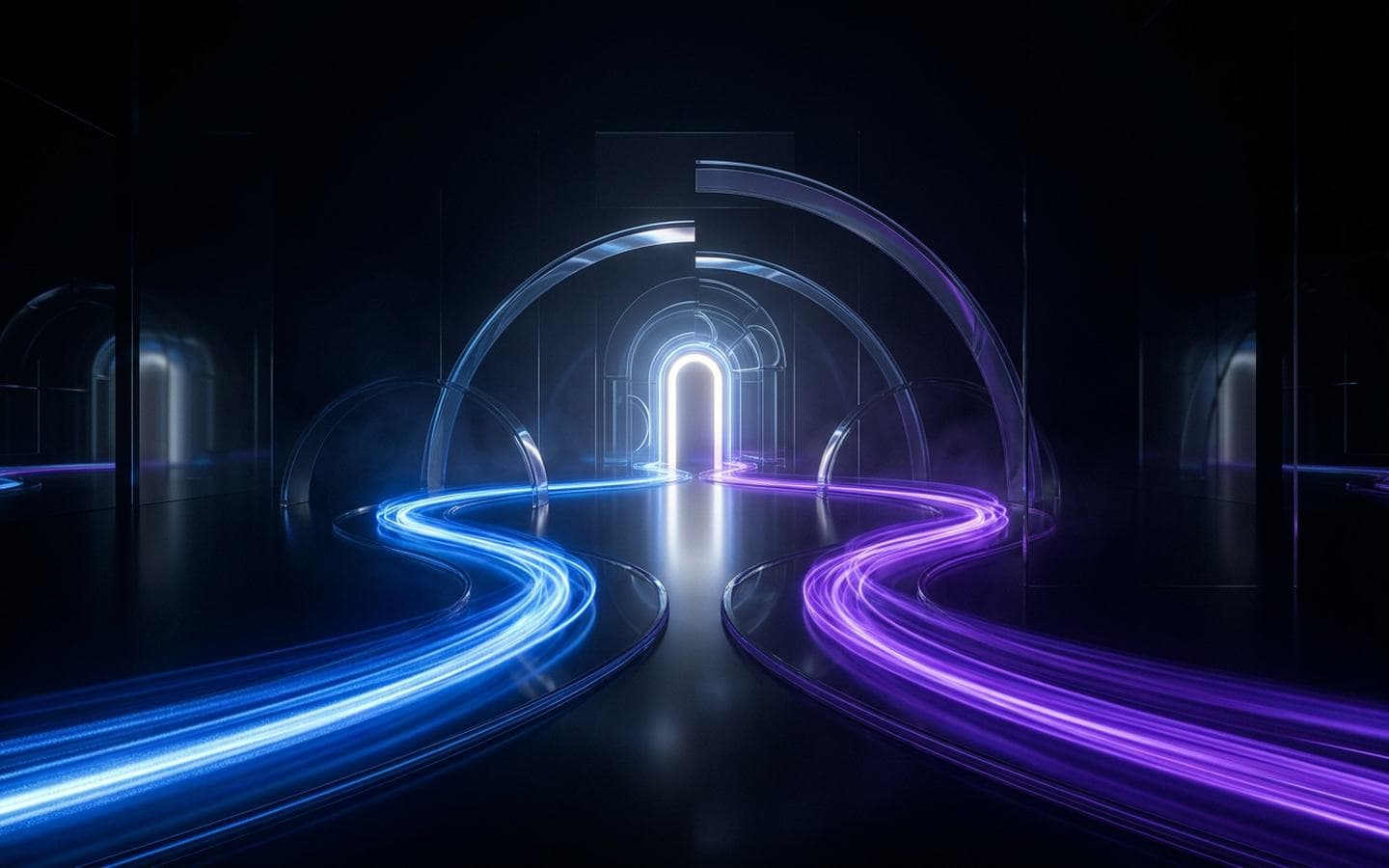 Two luminous paths of blue and violet light converging toward a glowing doorway in a dark space