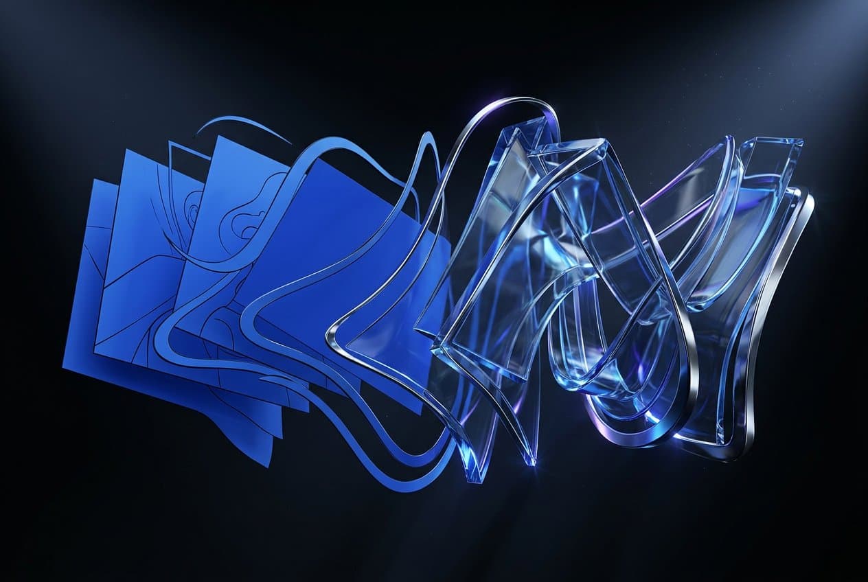 Flat cobalt graphic planes transforming into dimensional glass forms