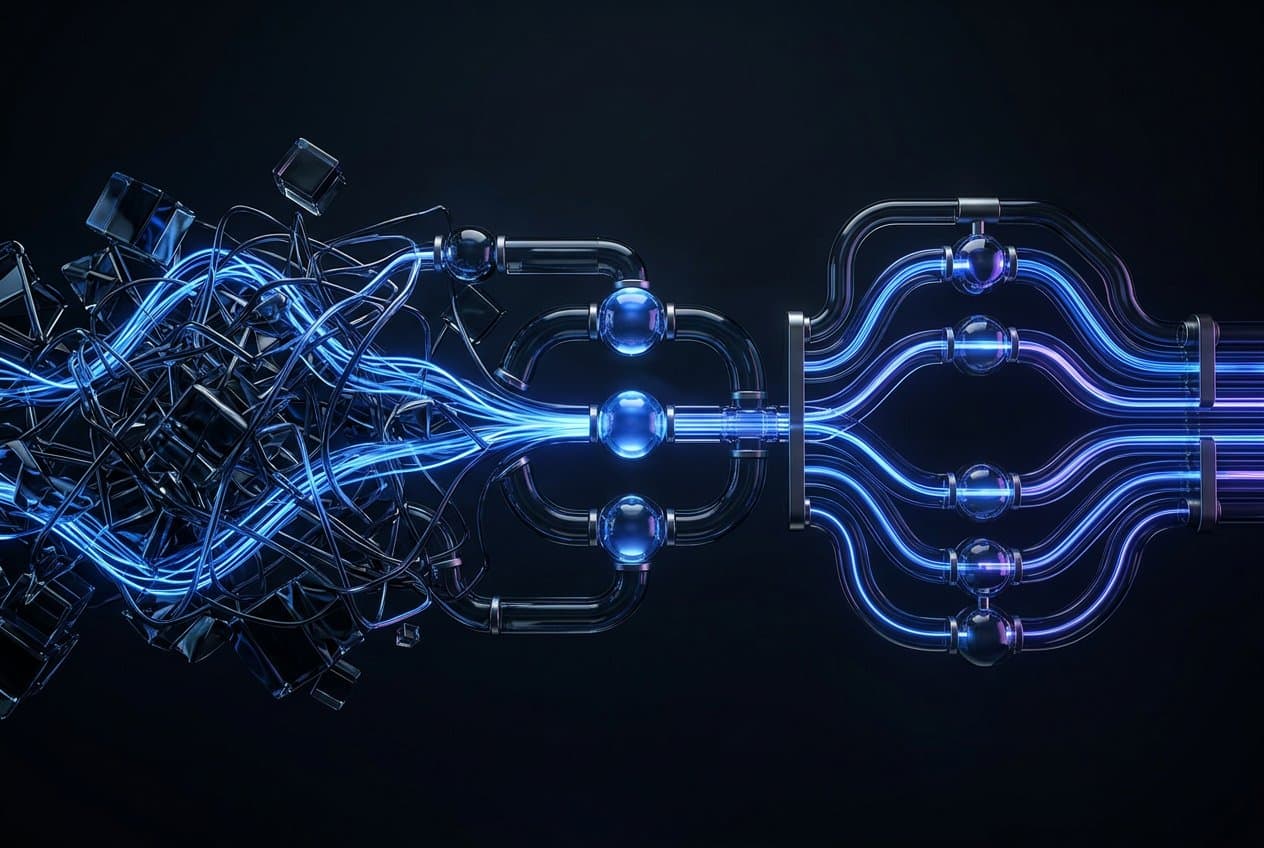 Cobalt signals moving through connected glass nodes into an ordered system