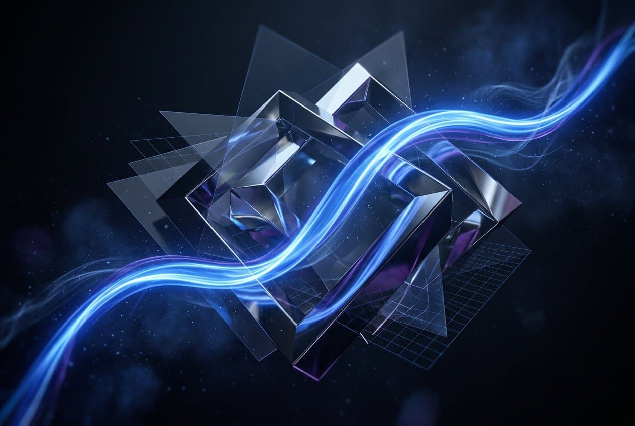 A luminous cobalt energy ribbon composited through sculptural chrome forms