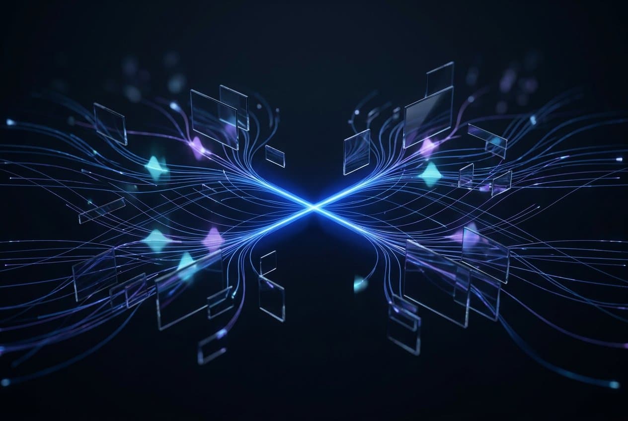 A focused cobalt campaign signal branching through abstract audience pathways