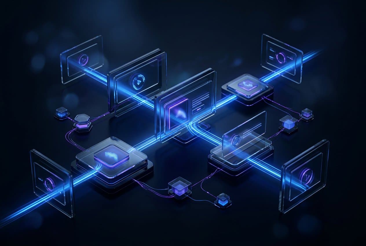 Luminous product-story panels connected across a dark digital system