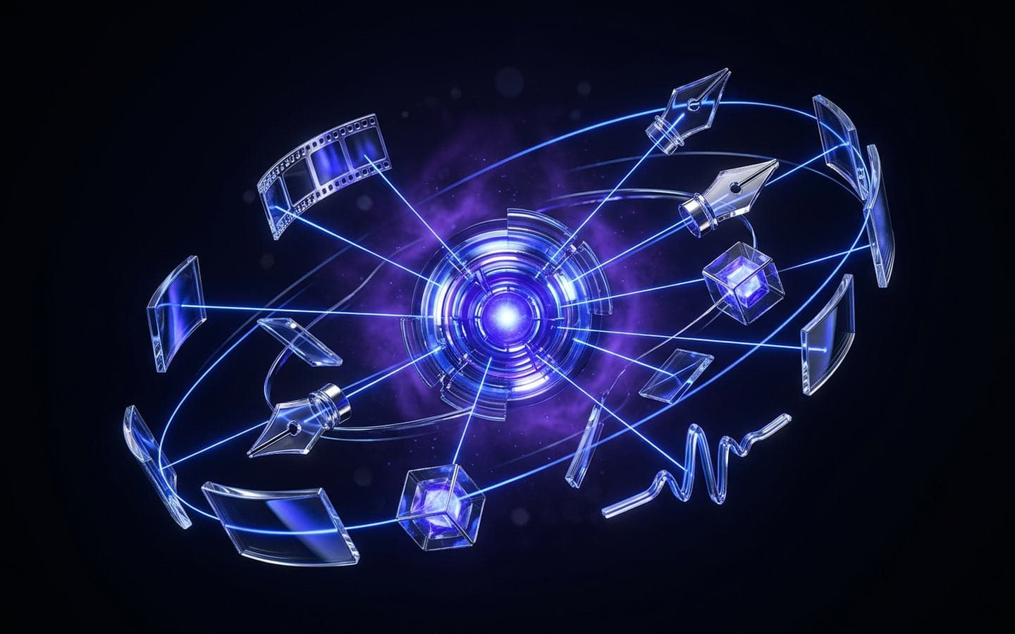 Translucent creative tool shapes orbiting one glowing hub connected by cobalt light beams