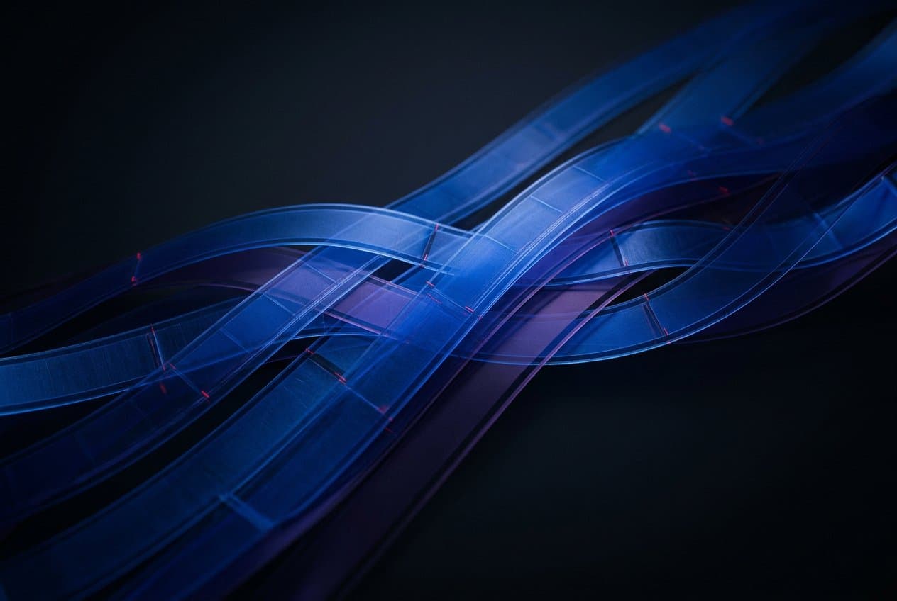Abstract cobalt film layers flowing through a dark cinematic space
