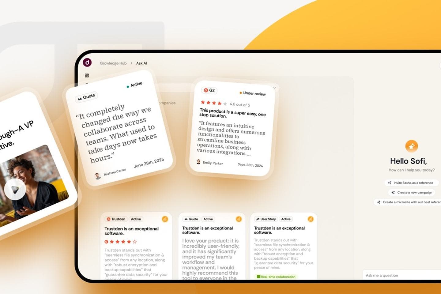 Deeto platform interface cards with customer testimonials in motion-graphics style