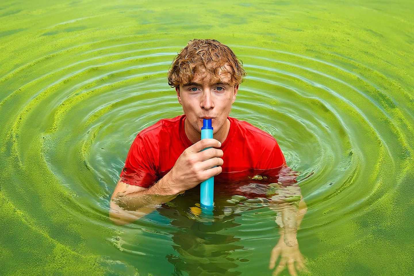 Creator testing a survival water filter in a green lake
