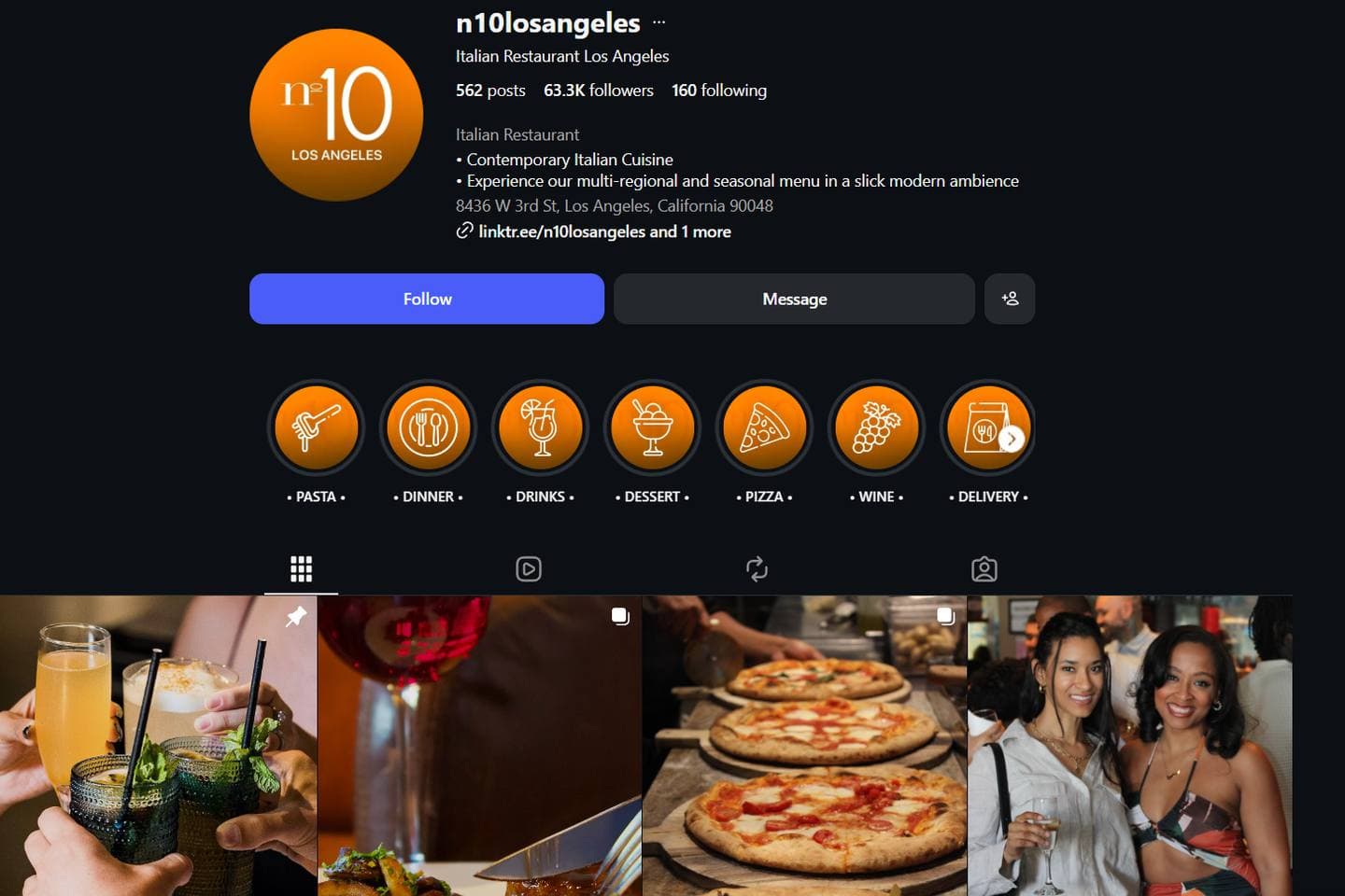 N10 Los Angeles Instagram profile with orange brand highlights and food grid