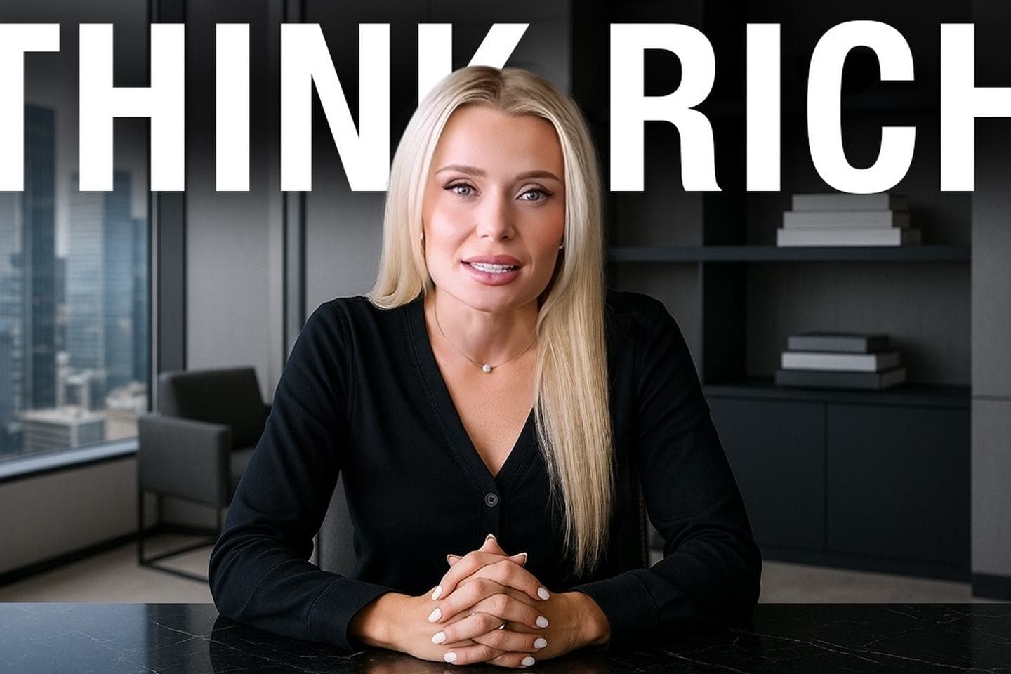 Natalie Dawson in an office with bold THINK RICH typography