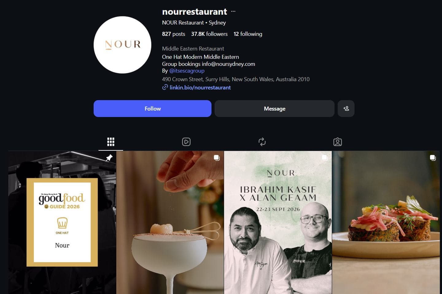Nour Sydney Instagram profile with Good Food Guide One Hat post and plated dishes