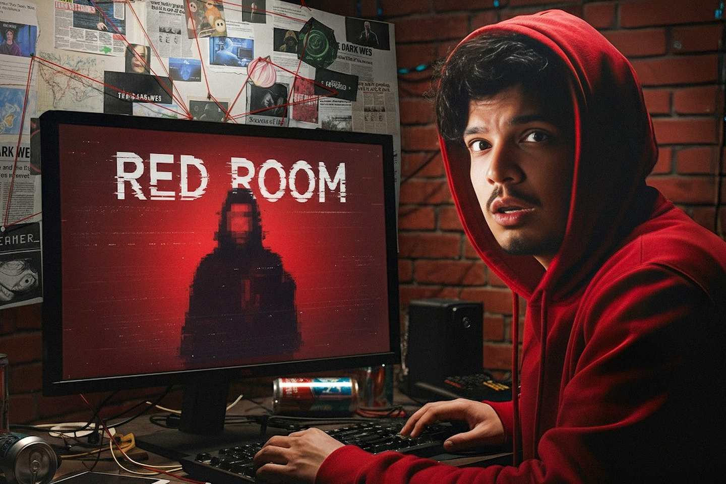Hooded figure at a red-lit computer in a dramatic thumbnail design
