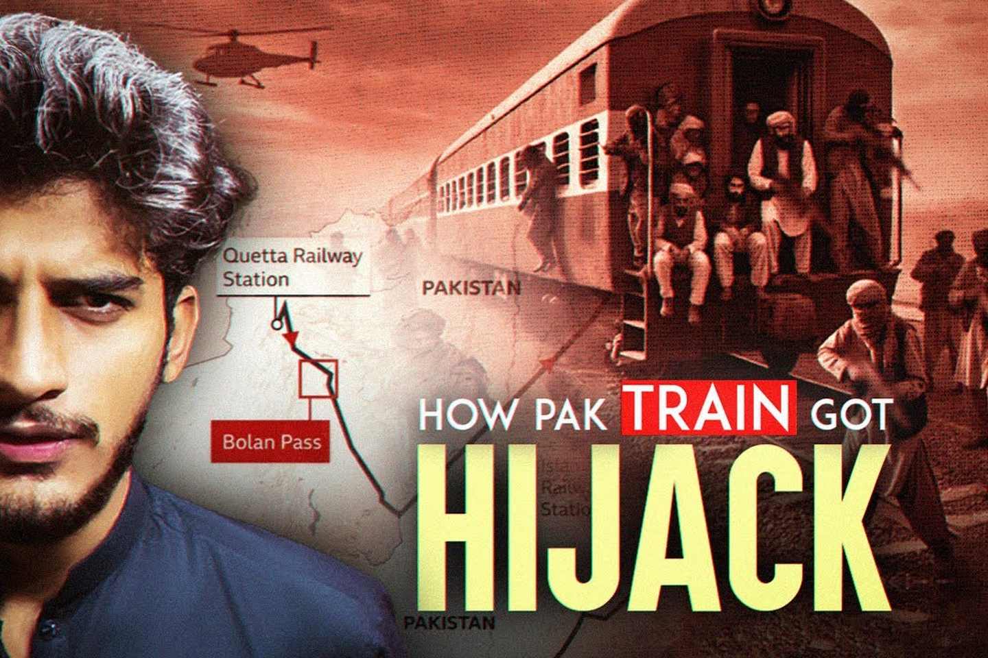 Creator portrait beside a dramatic train-hijack scene with bold headline type