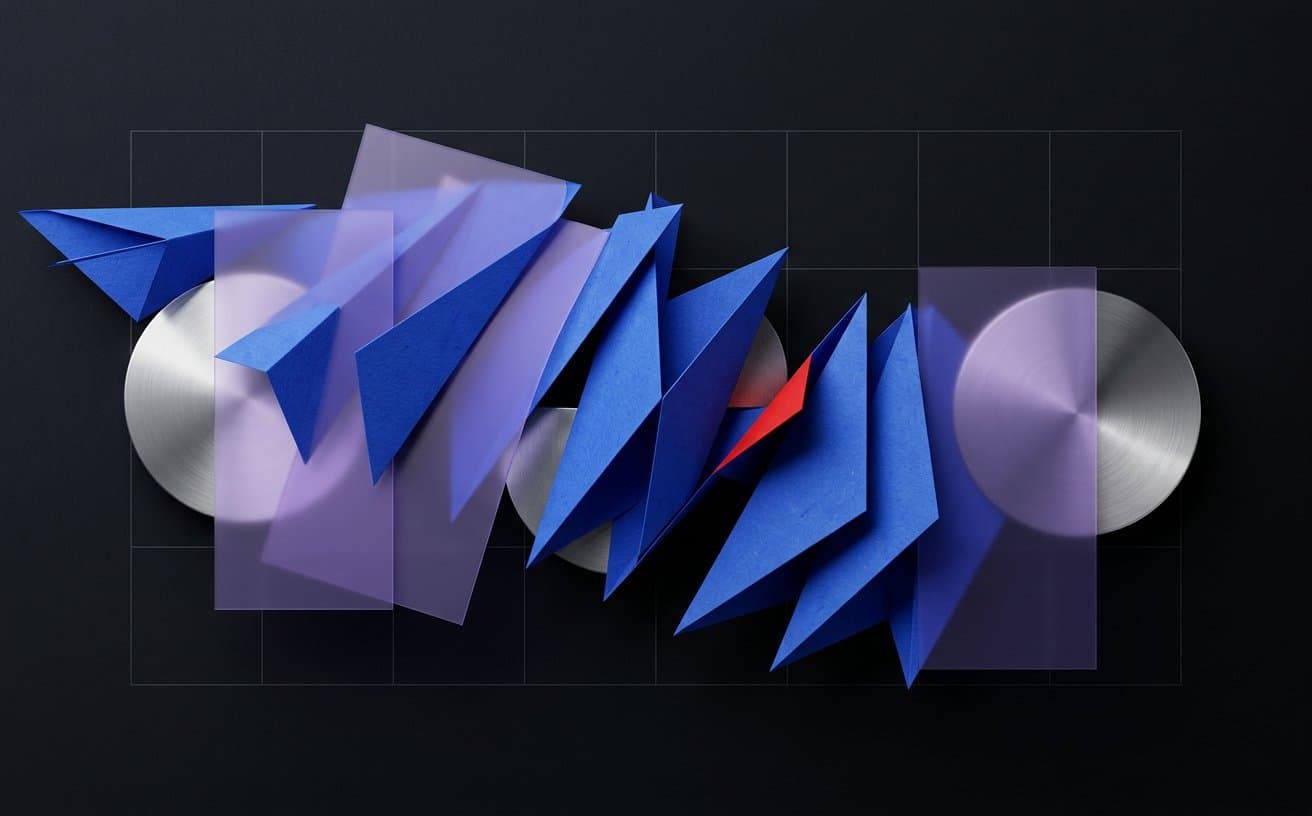 Rhythmic cobalt paper planes, chrome discs, and violet layers arranged on a dark modular grid