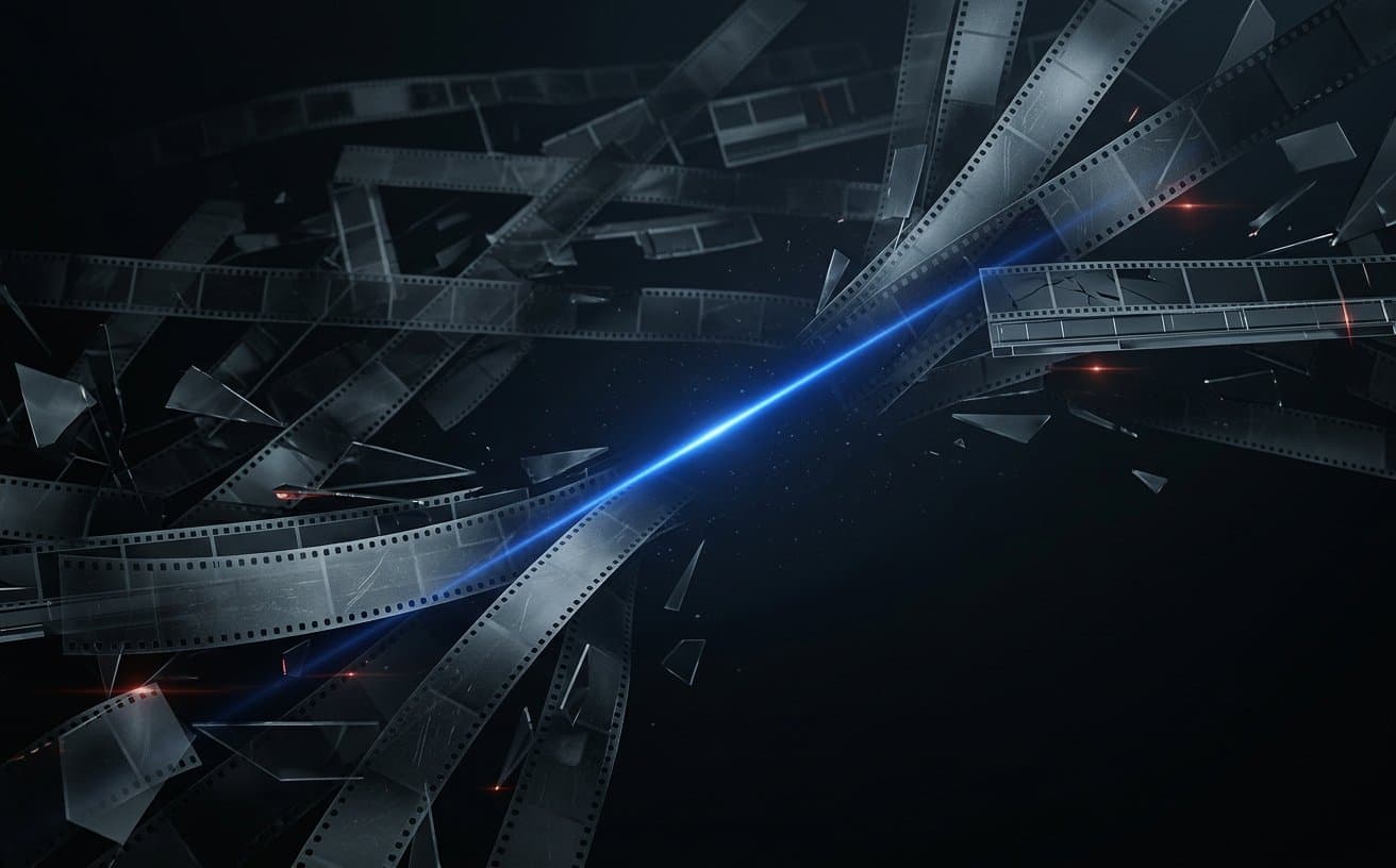 Layered film strips converging around a precise cobalt beam in a dark cinematic space