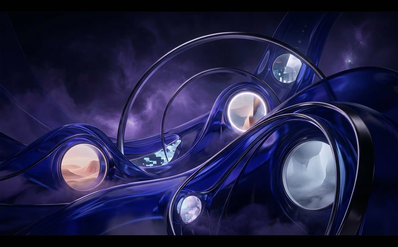 Surreal cobalt glass landscape with chrome portals and violet cinematic atmosphere